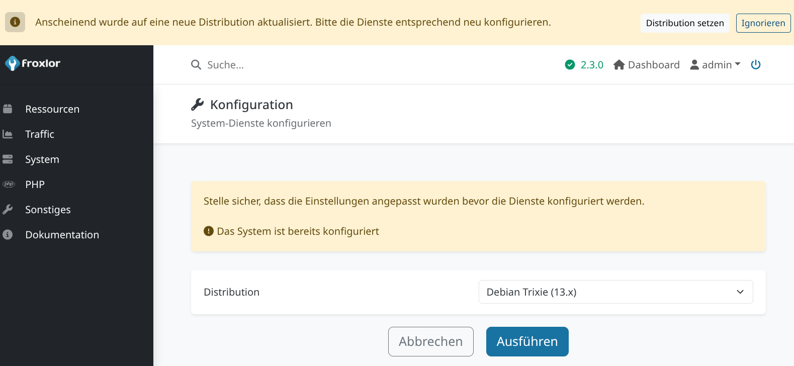 Update Debian 12 -> 13, später Froxlor 2.2.x auf 2.3 - Verhalten bei Rekonfiguration
